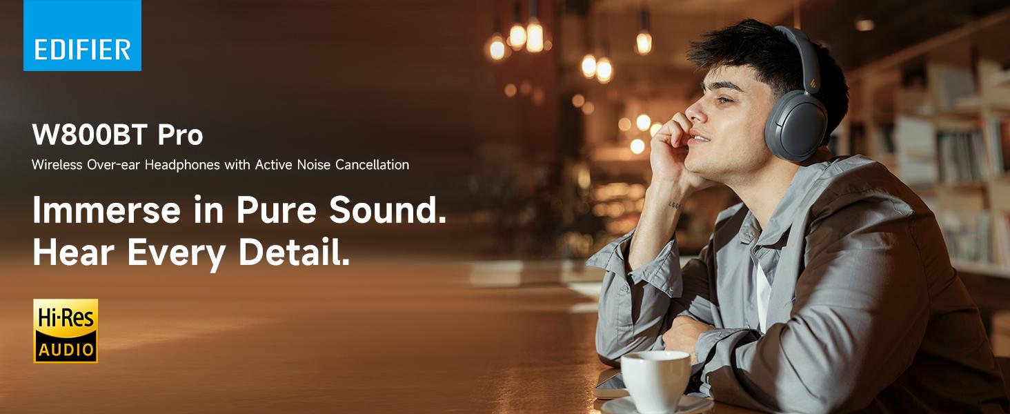W800BT Pro Hybrid Active Noise Cancelling Headphones - Hi-Res Audio - AI Call Noise Cancellation - 45H Playtime - Fast Charging - Foldable - Wireless Over-Ear Bluetooth 5.4 Headphones - Gray