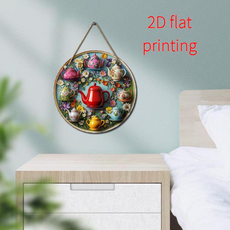 Teapot Pattern Round Wooden Sign, Teapot Theme Hanging Decor, Wall Hanging Decor for Home, Office or Living Room, Ideal Gift, Hangable