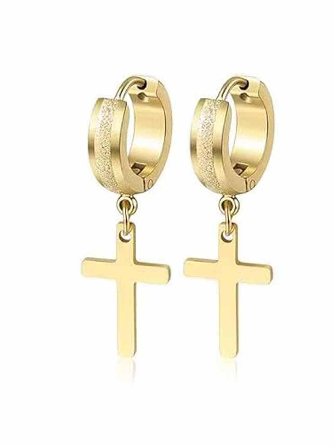 3 Pairs High-End Matte Finish Earrings, Cross Pendant Studs, 304 Stainless Steel, Classic Round Clip Design, Unisex, Versatile Jewelry