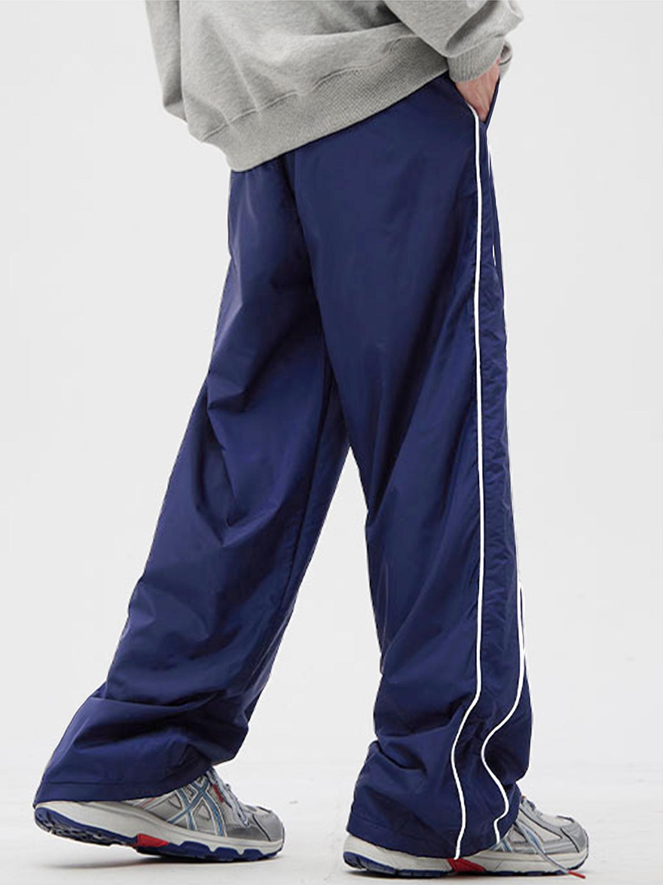 Men's Side Stripe Drawstring Waist Straight Leg Pants, Casual Pocket Letter Patched Trousers for Fall & Winter, Loose Menswear, Drippy Outfits