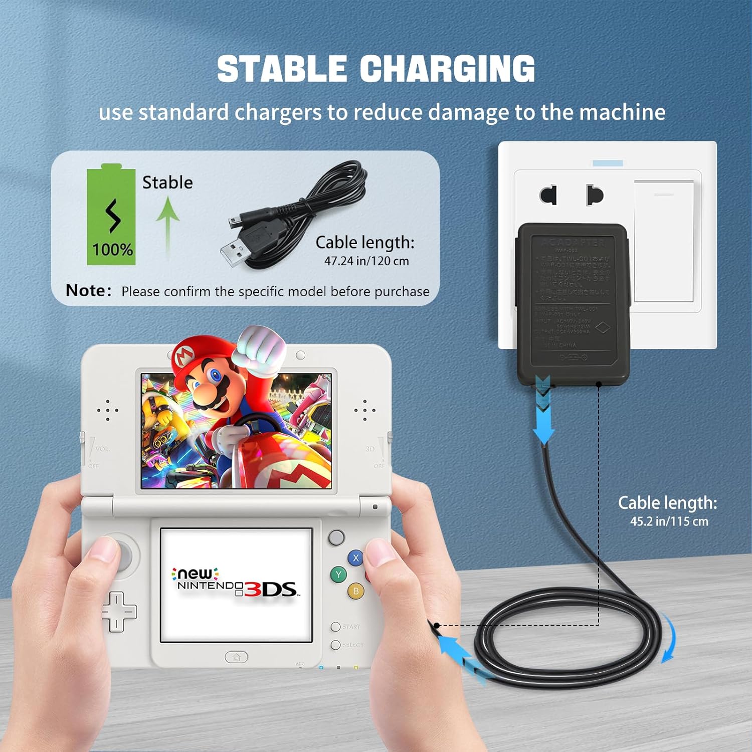 3DS Charger, 3DS Charger Compatible with 3DS XL, DSi XL,  3DS & 2DS- AC Wall Adapter,  100-240V  Power Cord for Handheld Console Accessories (Black)