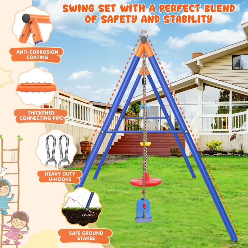 Aowos Swing Set for Kids, Saucer Swing with Heavy-Duty Metal Frame and Adjustable Ropes for Kids Outdoor, Safe Waterproof Round Swing for Backyard Playground Park, Playground for Kids, Rainbow Color, Birthday Gift, Columpio para niños, Christmas Gift