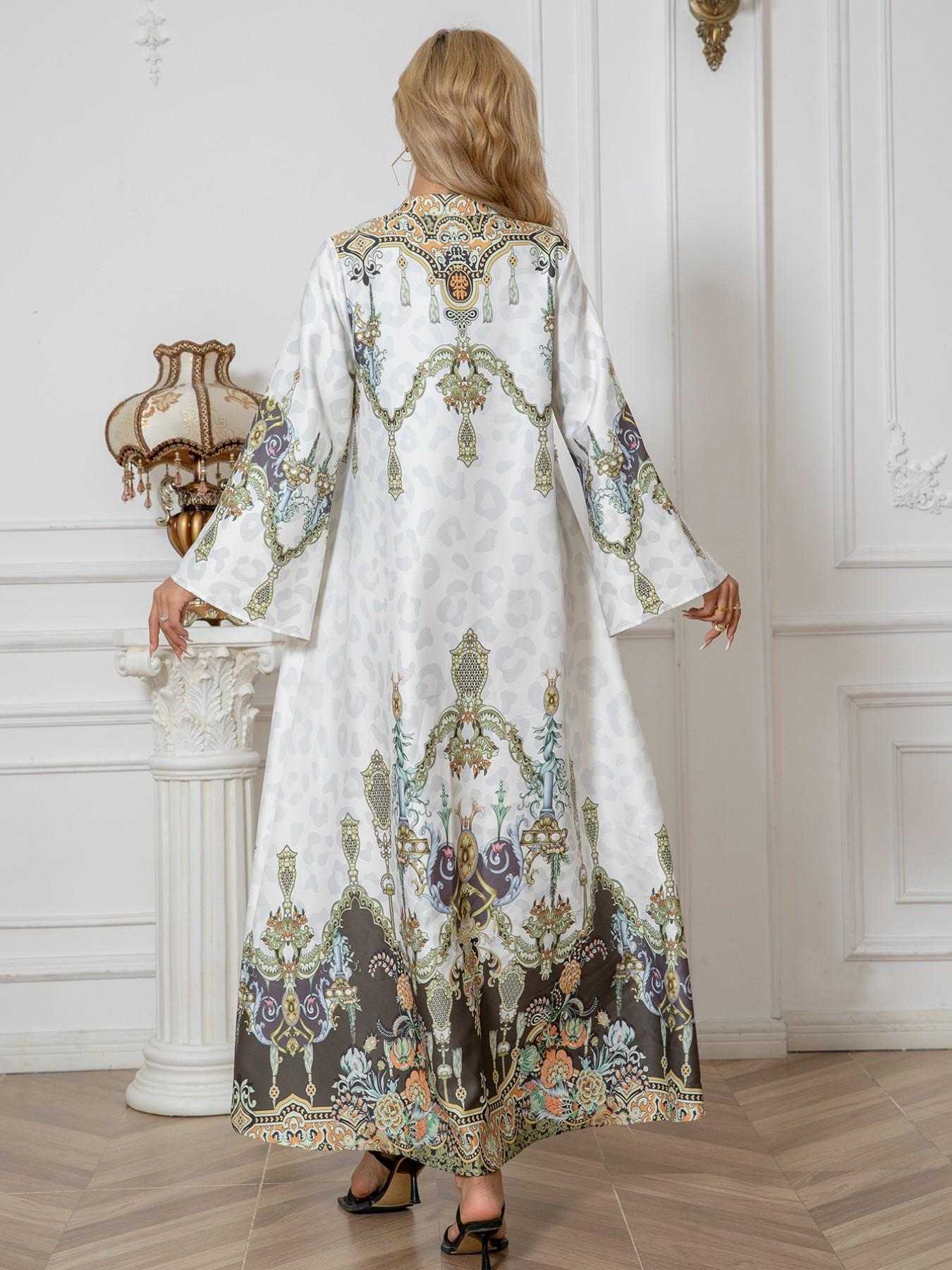 Cross-Border Muslim Robe Printed Beaded Long Dress, Abayas Rhinestone Elegant Style, Women's Fashionable Long Skirt Dress