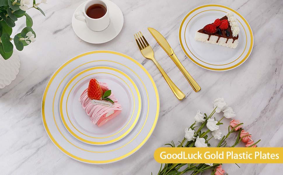 Goodluck 600PCS Gold Disposable Plates Set for 100 Guests 100 Dinner Salad Plates 100 Silverware Sets Cups Perfect for Weddings Parties BPA Free Sturdy Durable Ideal for Parties Christmas Fiesta Baby Showers