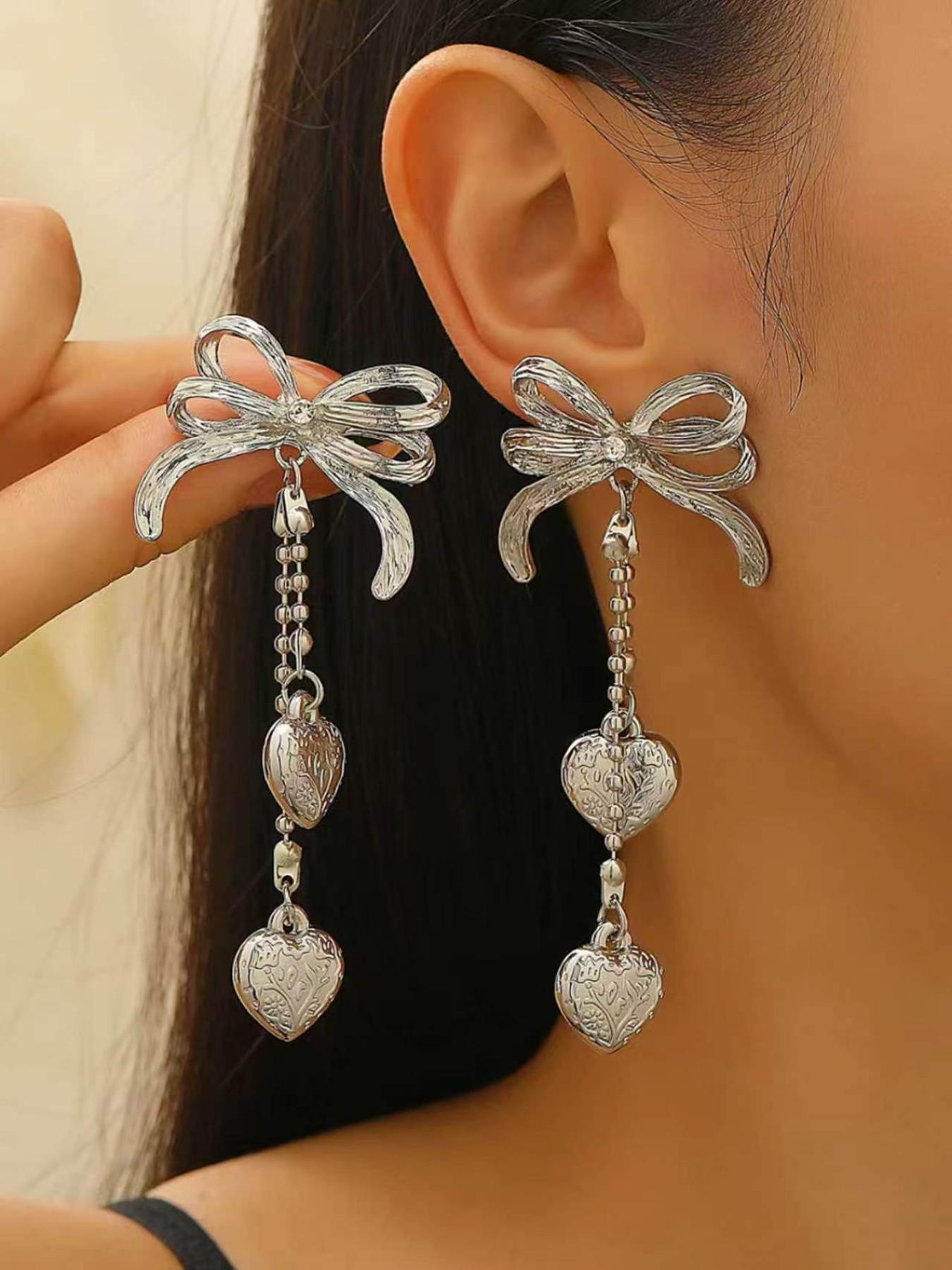 Elegant Butterfly Knot Drop Earrings, Heart Pendant, Star Moon Design, Classic Women's Jewelry, Perfect for All Seasons, Ideal for Holidays