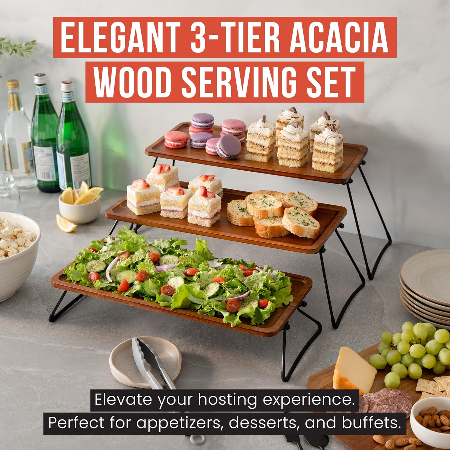 3 Tiered Serving Trays & Platters with Non-Slip Base for Display, Cupcake Stand, Elevated Charcuterie Board Cake Stand, Wooden Tiered Dessert Serving Stand for Parties and Events 3 Tiered Serving Trays & Platters with Non-Slip Base for Display, Cupcake Stand, Elevated Charcuterie Board Cake Stand, Wooden Tiered Dessert Serving Stand for Parties and Events