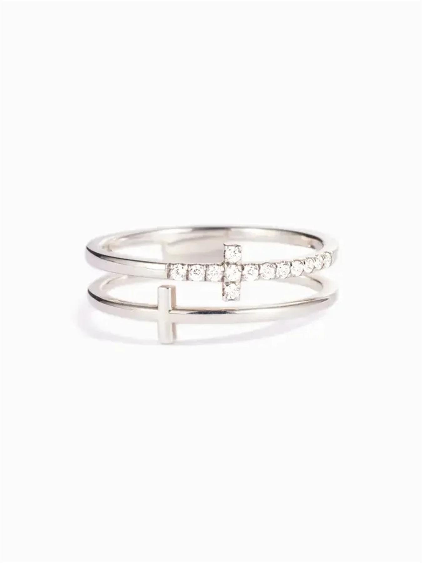 Rhinestone Decor Cross Design Double Layered Ring, Stackable Rings, Fashion Jewelry Accessories for Women & Girls, Matching Jewelry
