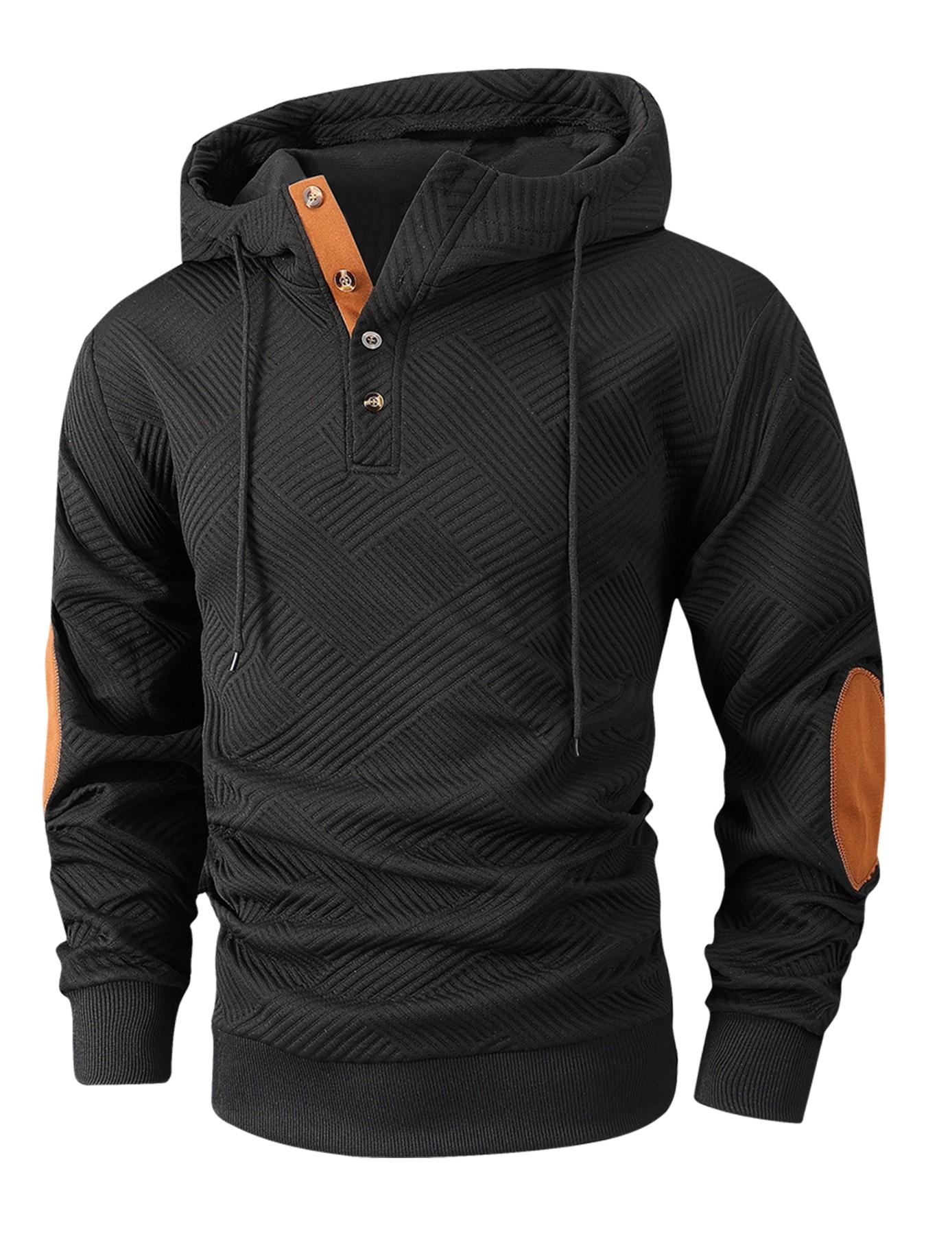 Men's Geometric Textured Hoodie Sweatshirt, Contrast Leather Patch, Loose-Fit Pullover for Fall Winter, Casual Business Top