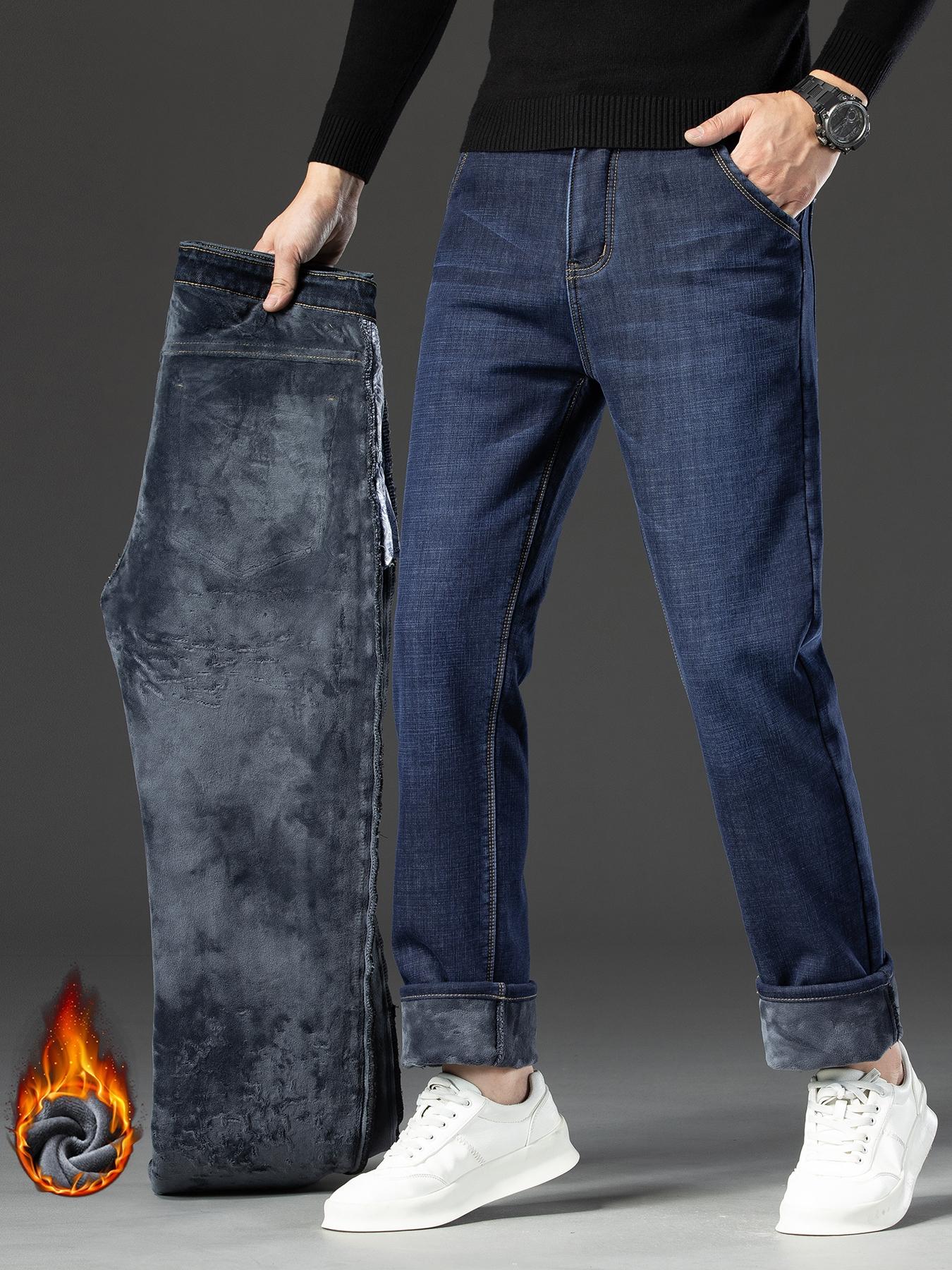 Men's Fleece Lined Denim Jeans, Loose Straight Leg Long Pants, Cotton Elastic Warm Winter Wear, Casual Fashion for Fall & Winter