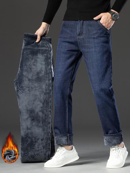 Men's Fleece Lined Denim Jeans, Loose Straight Leg Long Pants, Cotton Elastic Warm Winter Wear, Casual Fashion for Fall & Winter
