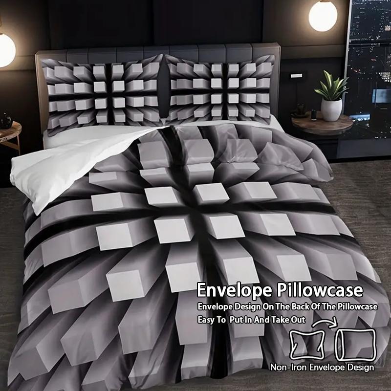 3D Block Theme Reversible Bedding Set, Soft Polyester Duvet Cover and Pillowcase, Bedroom Decoration, Comfortable and Stylish, Modern Bedding Set