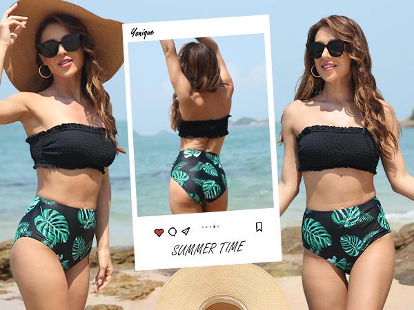 Yonique Women's Bandeau Bikini Set Two Piece Smocked Swimsuits Ruffle Off Shoulder Bathing Suit with High Waisted Bottoms