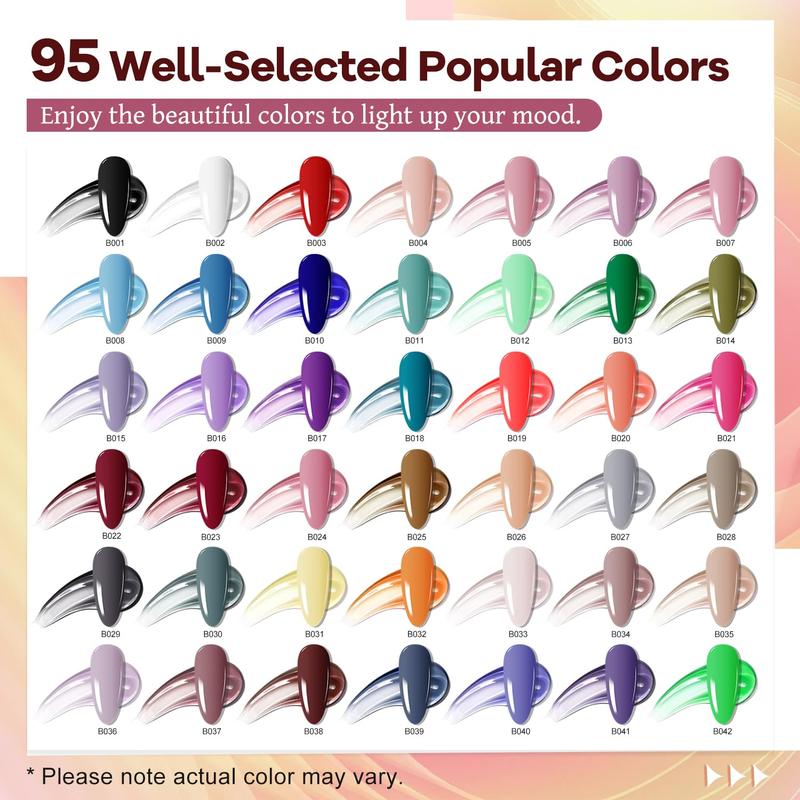 JODSONE 100 Bottles of Gel Nail Polish Kit with U V Led Light 95 Multiple Glossy Glitter Colors Mint Green Light Pink Nail Gel Base Coat Glossy and Matte Top Coat Gel Polish Kit