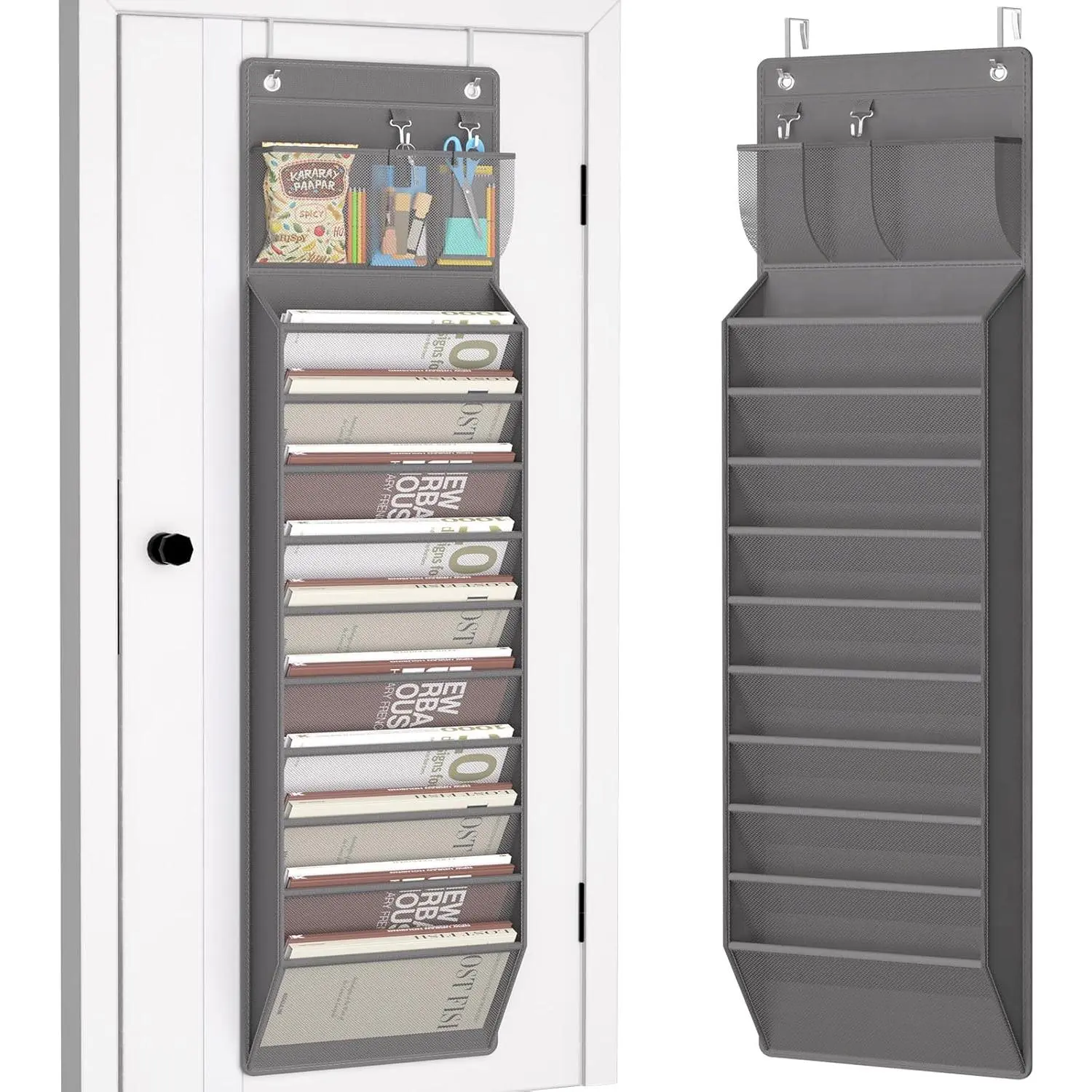 Over the Door File Organizer, Wall Hanging File Folders with 10 Large Pockets Mails, Magazines, Back to School Supplies, Office Pocket Chart, Paper Organization (Gray)