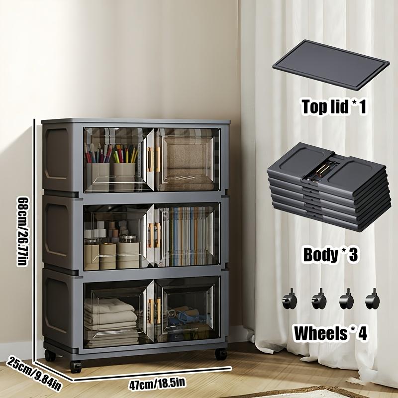 A five-tier (42.72 inches) entryway Plastic storage cabinet, Multi Layer Cabinet, featuring a large capacity with 3/4/5-tier shelving, a magnetic door design paired with silent universal wheels, making it a movable entryway storage cabinet