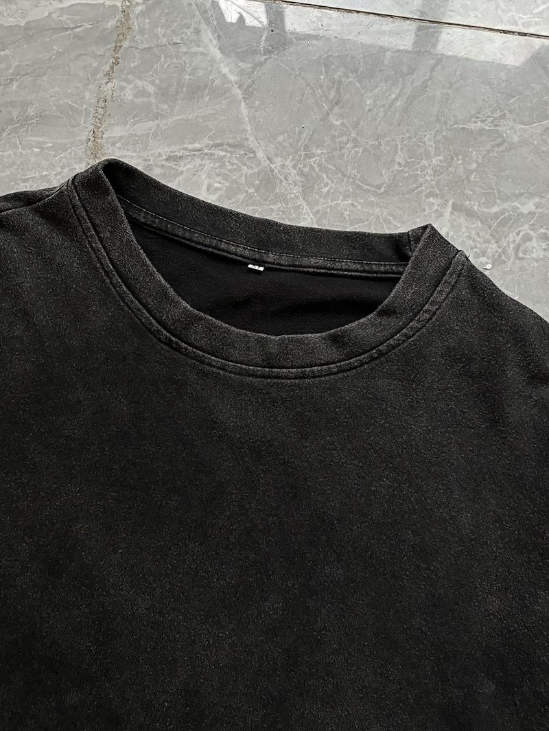 Men's Washed Vintage Round Neck Long Sleeve T-Shirt, Casual Fashion Tee for Daily Wear, Comfortable Cotton Material, Perfect for Spring & Fall