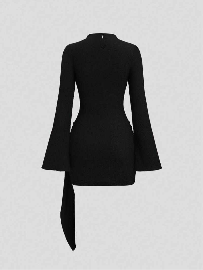 Women's Stand Collar Cinched Waist Minimalist Flare Sleeve Bodycon Midi Dress