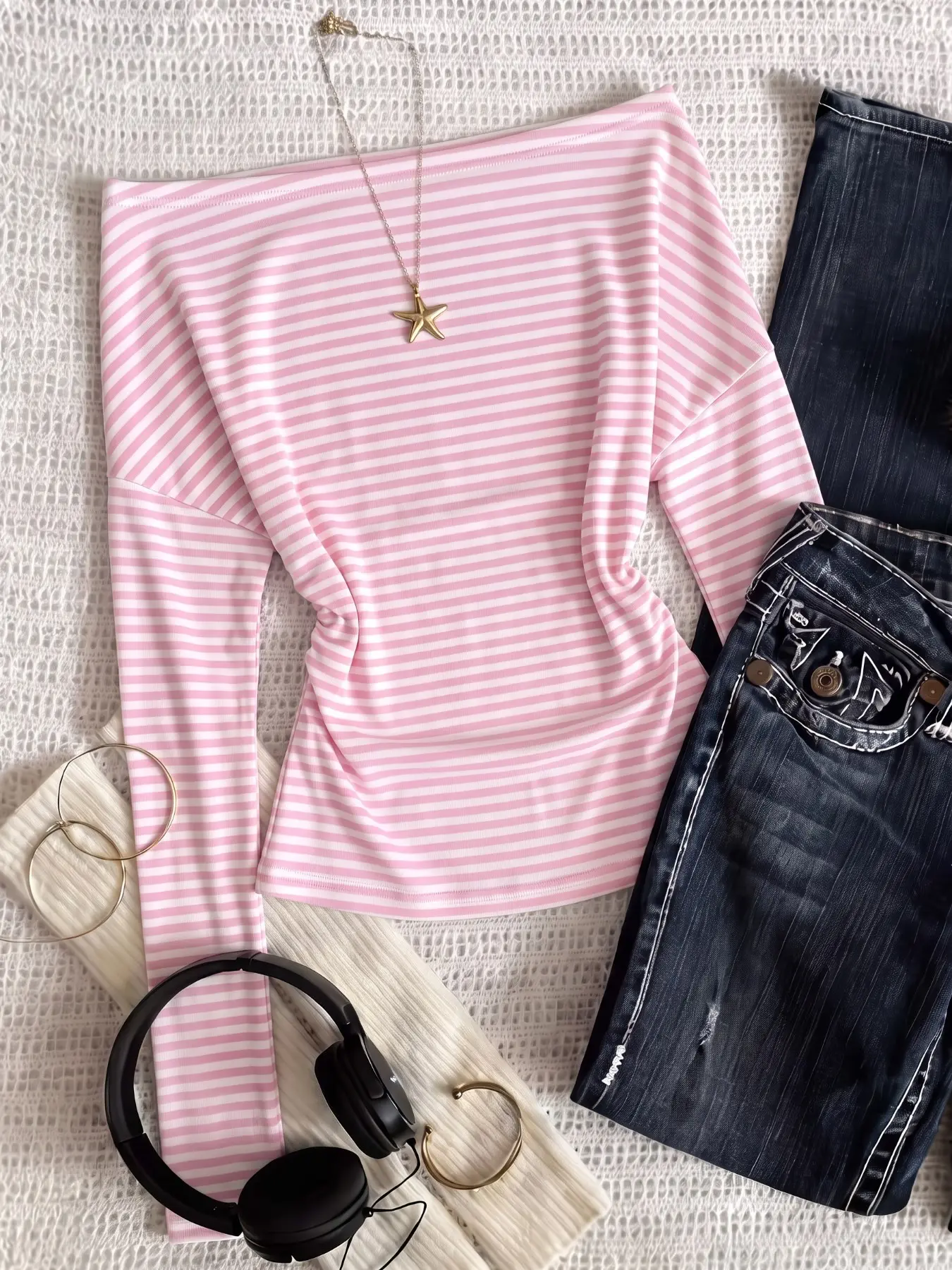 Pink White Stripes, Classic Off Shoulder Boat Neck Design, Soft Stretch Knit Fabric, Long Sleeve Waist-Fitted Top, Women Casual Blouse, Casual Fashion Knitwear, Dating, Street Shopping, Indoor Daily Wear, Spring Summer