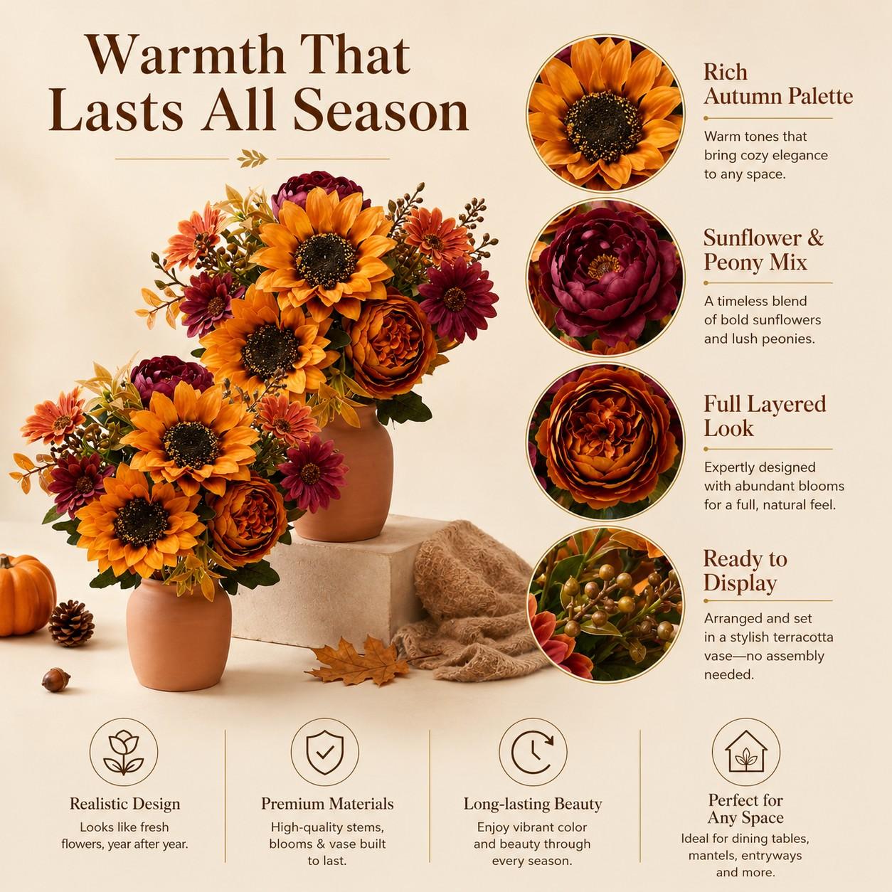 2/4 Bundle Artificial Fall Flowers, Sunflower Peony Bouquet, Faux Sunflower Flowers, Autumn Home Decor, Thanksgiving Centerpiece