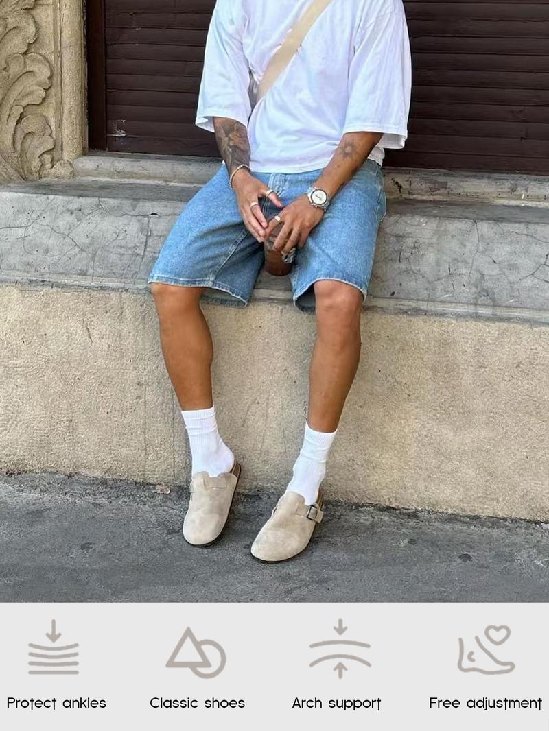 FITORY Breathe I | Men’s Suede Leather Clogs, Cork Footbed, Adjustable Strap, Round-Toe (US 7–14)【Check Measurements Carefully】