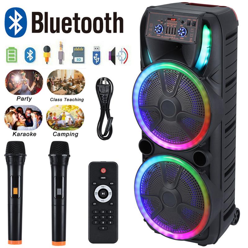 Dual 15 inch Karaoke Speaker System W/ 2 Microphone Portable Party Box Loud Big Speaker Wireless Bluetooth Stereo Rechargeable Remote Control LED Lighting