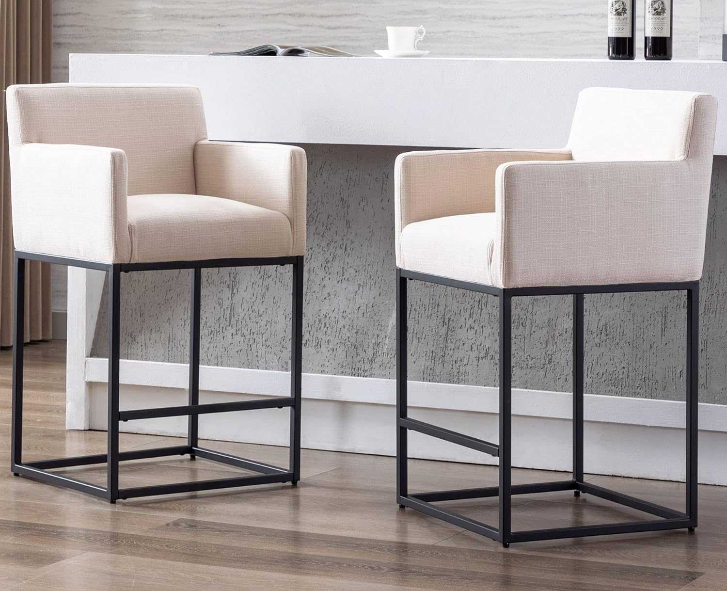 CHAIRUS  Bar Stools Set of 2, 26'' H Counter Height Bar Stools,Modern Counter Stools with Backrest and Arms, Black Metal Frames, Linen Fabric Upholstered Accent Bar Stools for Kitchen Island, Cream Bar Chair