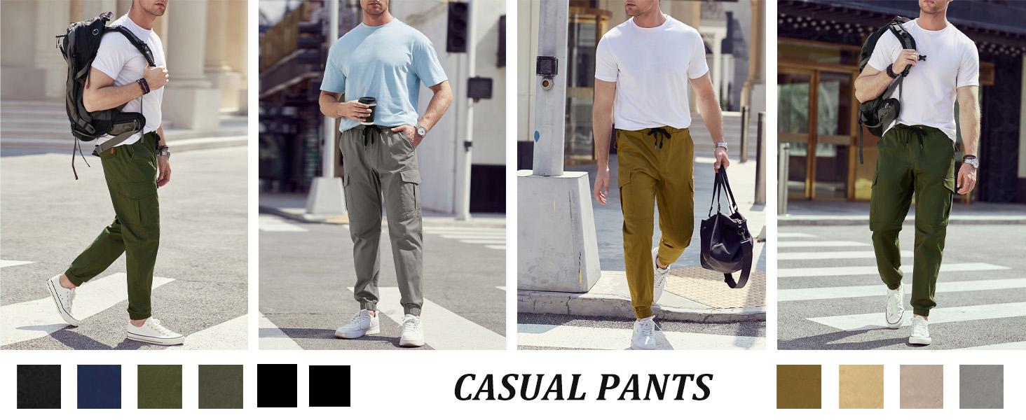 TUREFACE Men's Flex Stretch Cotton Cargo Pants Slim Fit Beige Multi-pocket Lightweight Comfortable Long Pants with Elastic Drawstring Waistband