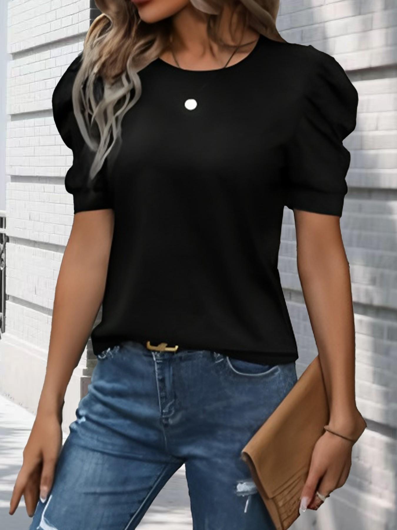 New Summer Women's Round Neck Puff Sleeve T-Shirt, Fitted Slimming Top, Elegant Versatile Casual High-End Style, Unique Design
