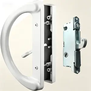 Sliding Glass Door Handle Set + Mortise Lock 45° - Perfect Replacement for 3-15/16" Screw Hole Spacing, Non-Keyed Latch Locks, White Diecast, Reversible Non-Handed Design