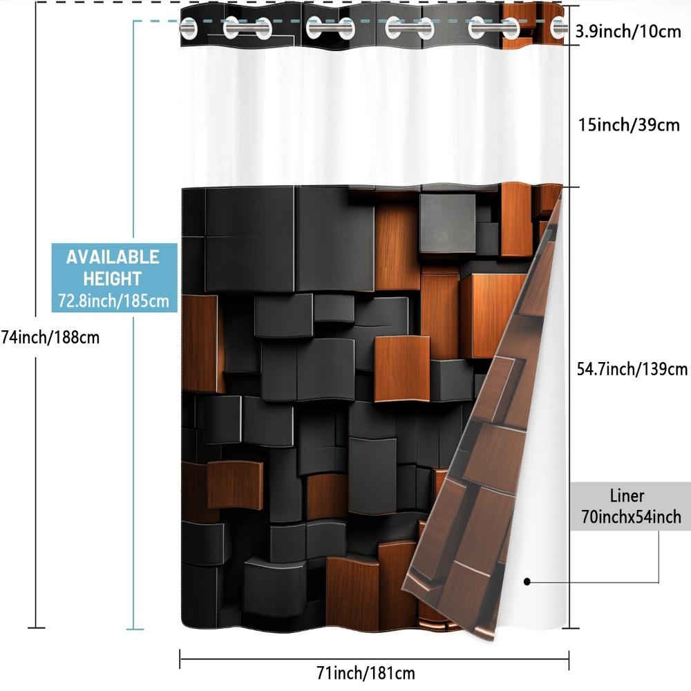 1pc hookless shower curtain with buckle lining, black and orange 3D square patchwork design, 2D flat printing, waterproof fabric lining, see-through double-layer shower curtain, 71 x 74 inches, modern home draping curtain.