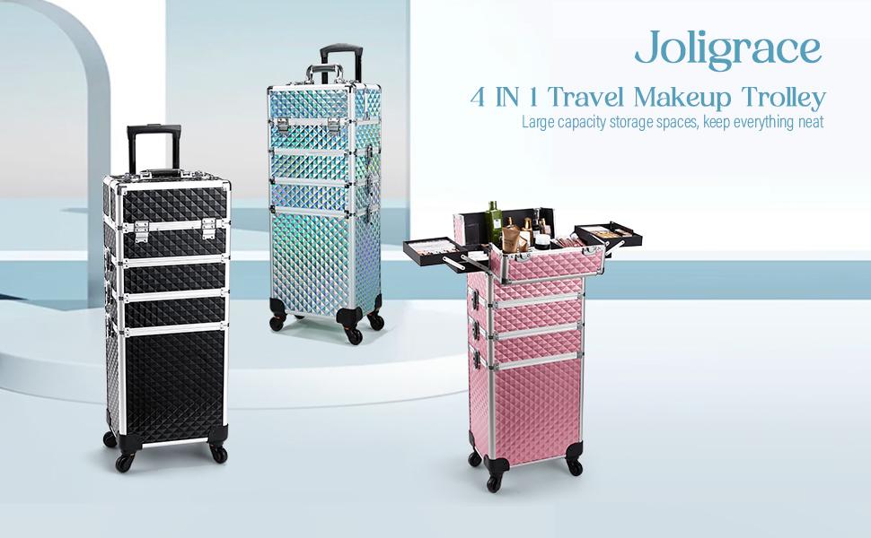 Joligrace 4 in 1 Rolling Makeup Train Case Large Cosmetic Trolley Box with Key Swivel Wheels Salon Barber Case