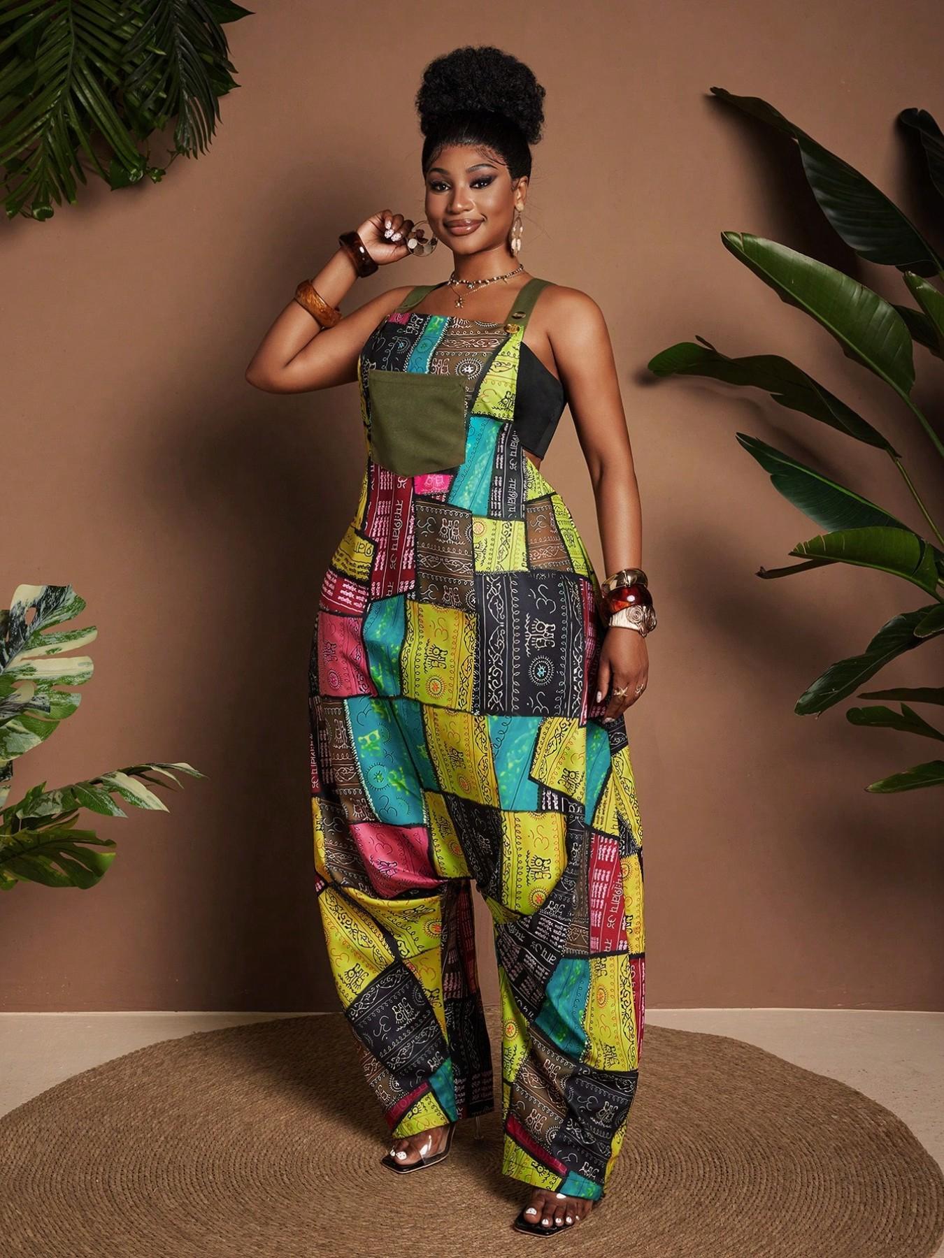 Plus Size Patchwork Print Sleeveless Loose Harem Pocket Jumpsuit, Comfortable and Stylish Design, Perfect for Casual Wear