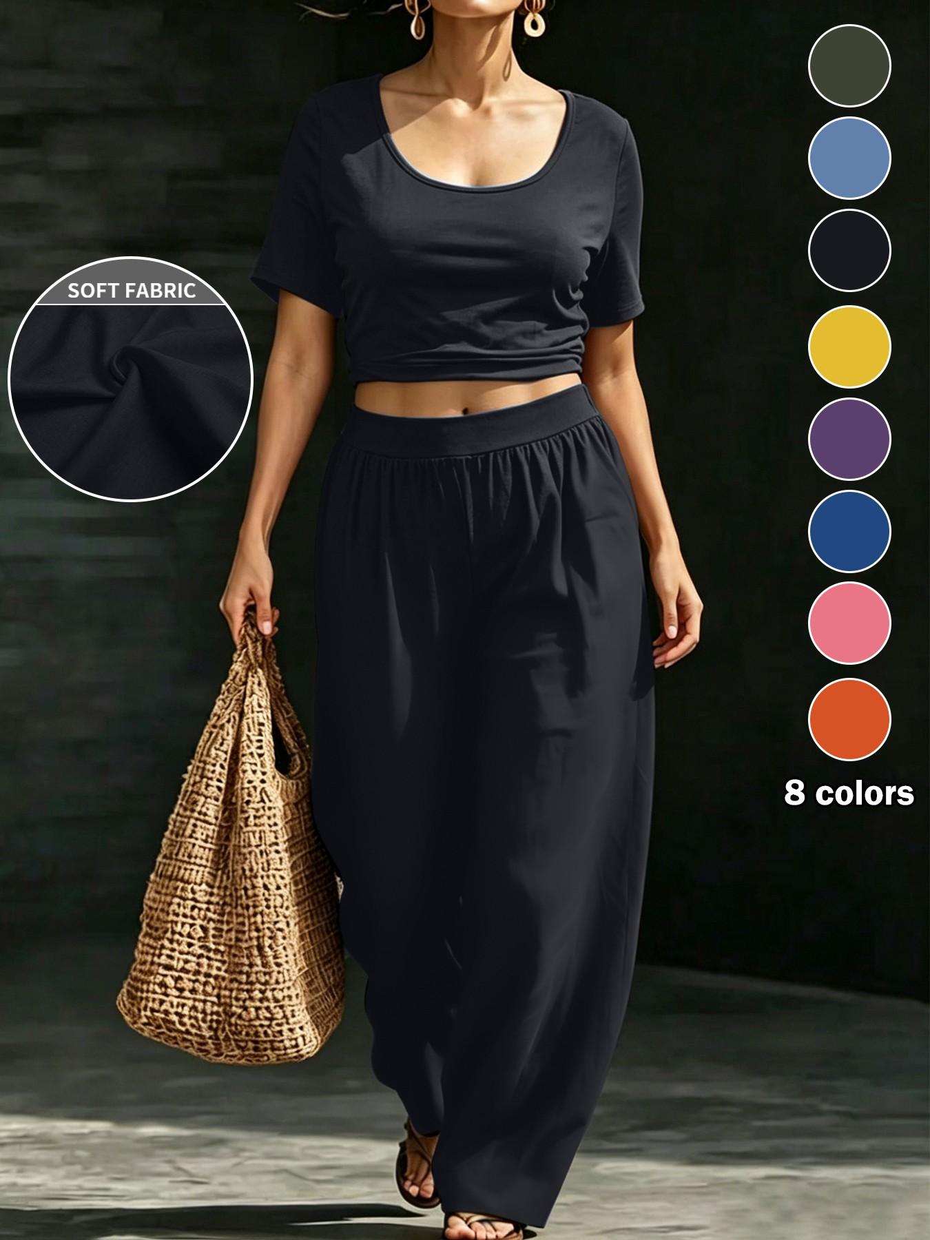 Plus Size Women's 8 Color Options, Casual Solid Shorts U-Neck Top + Loose Wide Leg Pants Set, Fit, Lazy Style, Daily Wear, Vacation, Home Essentials, Clothes
