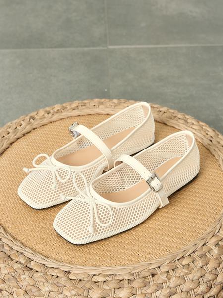 Ballerina Hollow Out Mesh Flat Shoes Summer Bowknot Square Toe Breathable Casual Sandals Fashion Comfort Soft Sole, Bowknot Design Flats