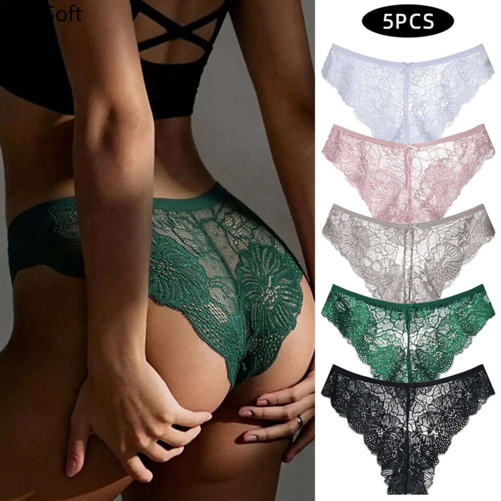 Women's 5pcs Breathable Lace Lingerie, Sexy Floral Panty, Soft Cheeky Bikini Hipster Briefs, Low Rise High Cut Lady Underwear (Multi Color)
