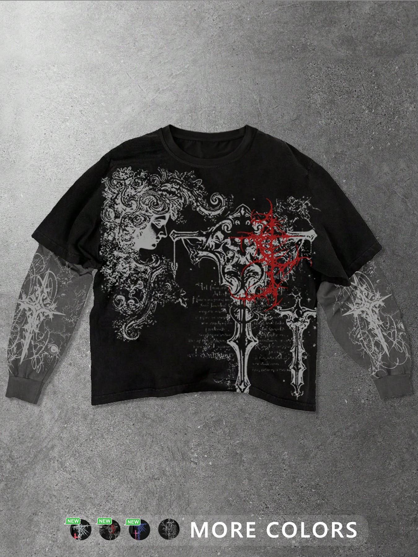 Unisex Gothic Style Long Sleeve T-Shirt with Rune and Cross Print, Ideal for Streetwear and Hip Hop Culture, Perfect Couple