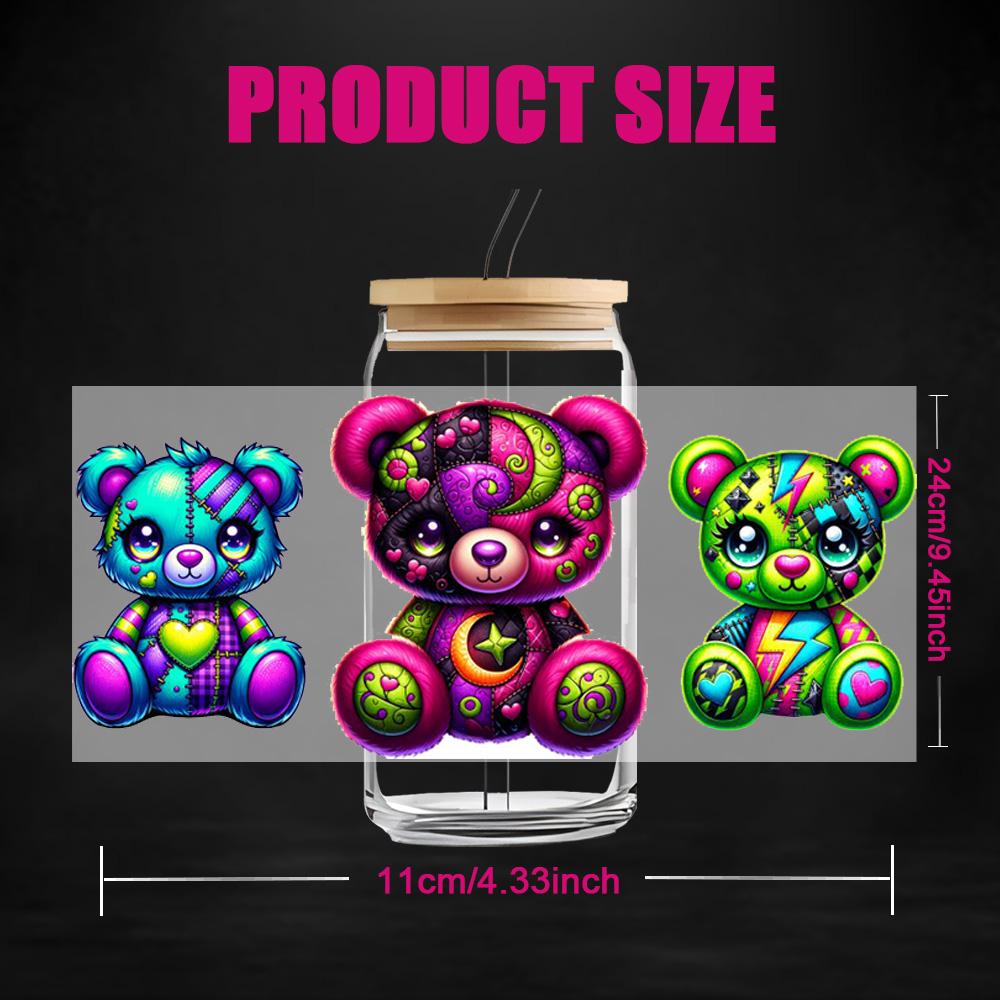 8-Piece Set, 4 Designs X 2 Pieces, 16 Oz UV DTF Crafts Cup Stickers, Bear Pattern 3D Decals, Durable Mixed Color Transfer Material