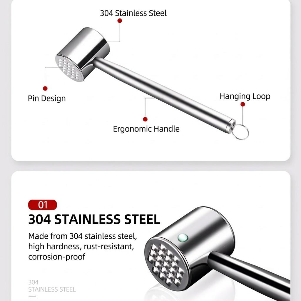 304 Stainless Steel Multi-Use Meat Tenderizer Hammer, Kitchen Tool for Cooking, Durable and Versatile, Perfect for Home Use