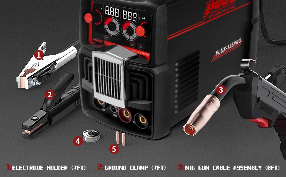 Puwu 135A 110V MIG Welder,Flux Core Welder with Flux MIG/Lift TIG/Stick 3-in-1 IGBT Inverter LED Digital Display Gasless Welder