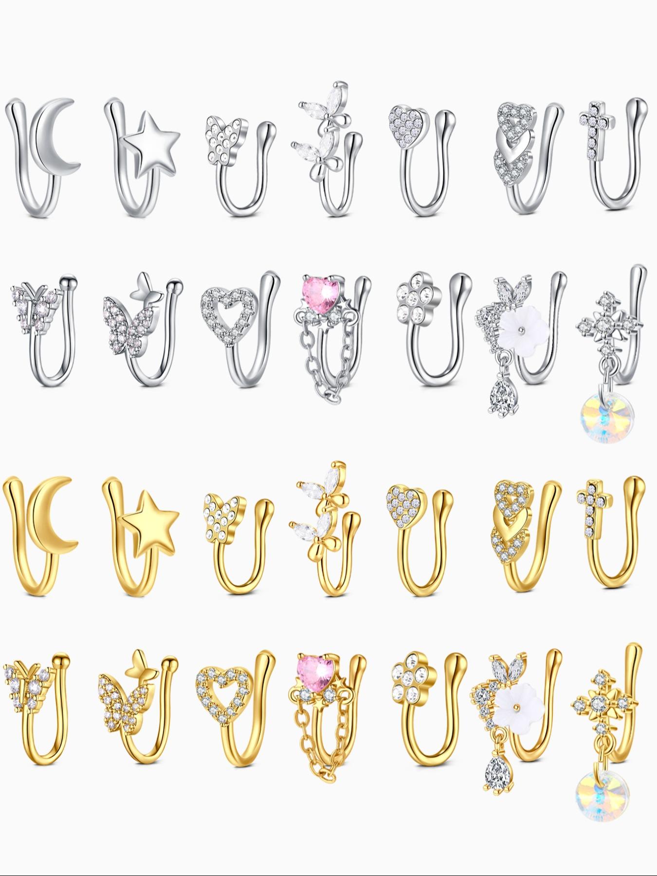 Non-Piercing Zirconia Nose Ring Clip, Nose Cuff, Moon Butterfly Design, Silver Color, Elegant Women's Jewelry Accessory, No Piercing Needed