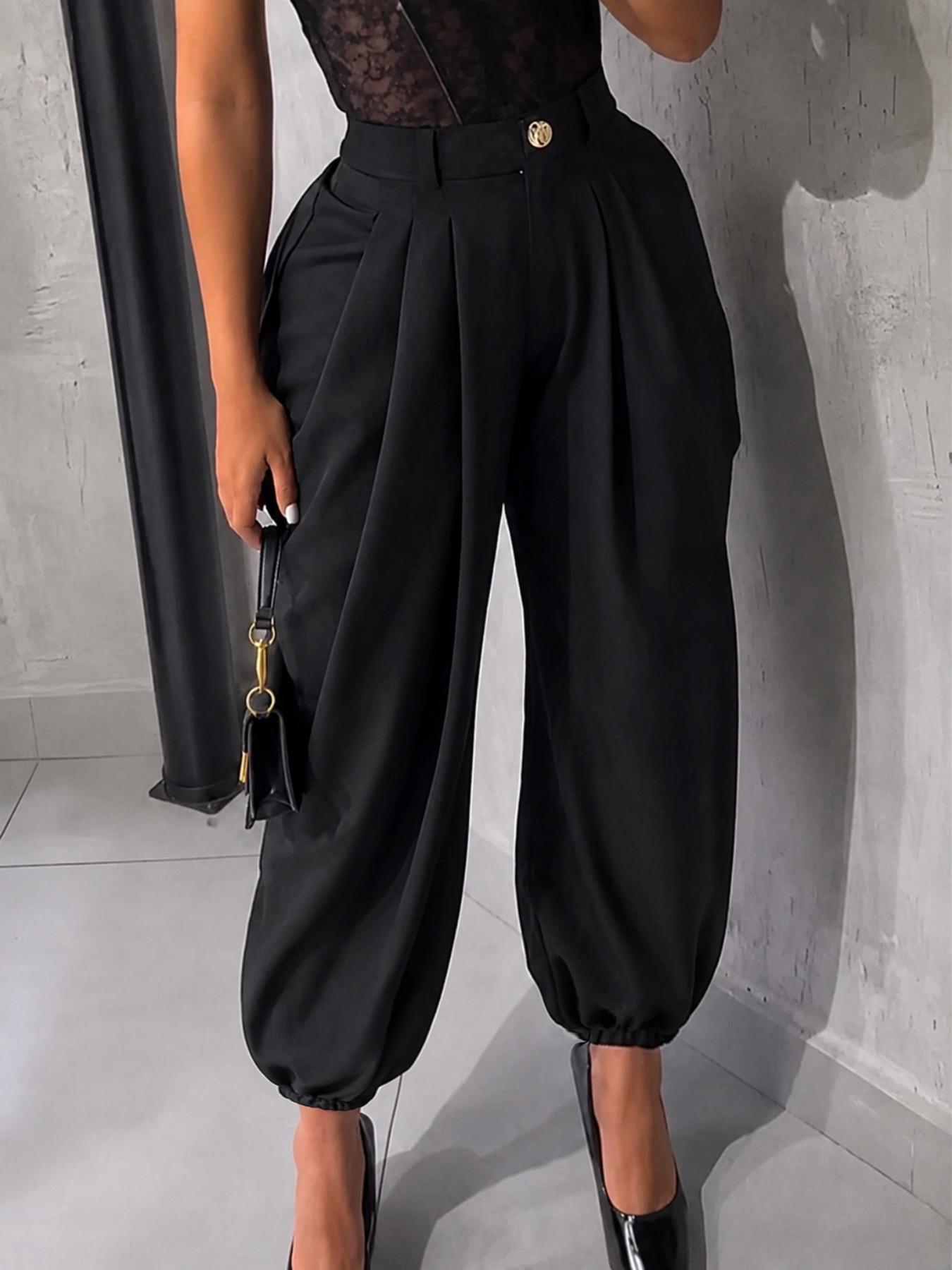 Women's Casual High Waist Wide Leg Pants, Plain Long Trousers with Pockets, Elastic Waist for All Seasons, Fashionable and Comfortable