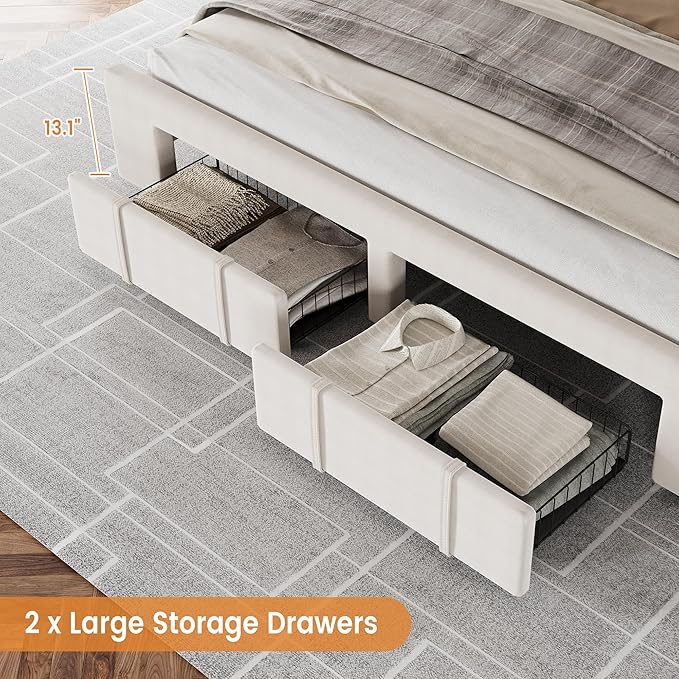 Bed Frame, Upholstered Platform Bed Frame with Storage Drawers, Mattress Foundation with Solid Wooden Slats Support, No Box Spring Needed Bed Frame, Upholstered Platform Bed Frame with Storage Drawers, Mattress Foundation with Solid Wooden Slats Support, No Box Spring Needed