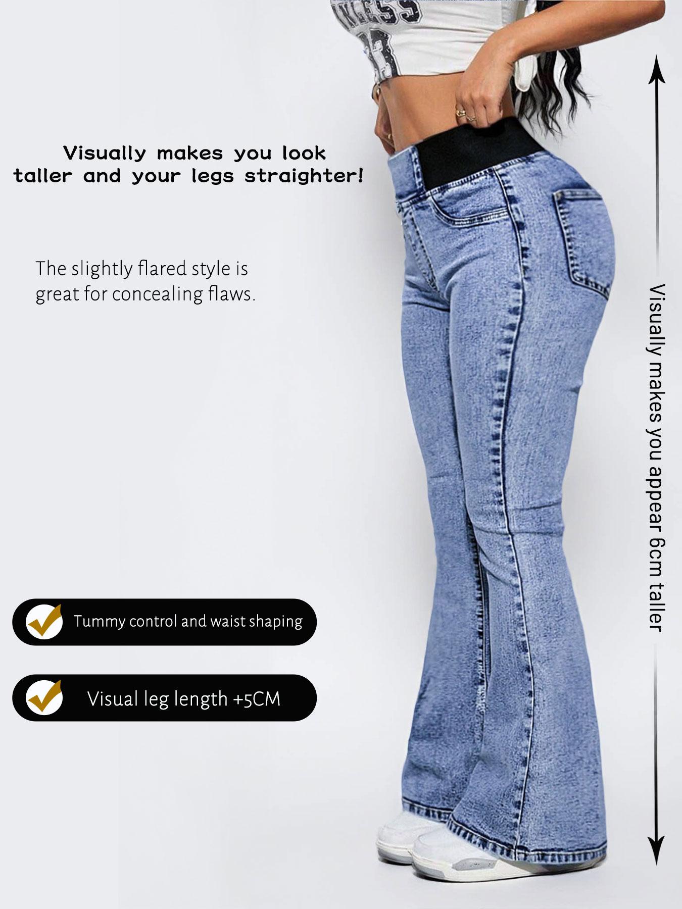 GILIPUR Y2K 2026 Women's Back Shirred Jeans, Pants, Mid-High Waist Elastic Waist Flared Jeans, With Pockets, Light Blue Washing Process, Waist-Cinching Design, Yes Denim, Bootcut Jeans, T-Chic