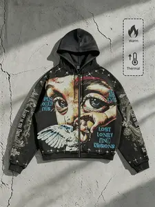 Vintage Graphite Zip-Up Hoodie, Unisex Loose-Fit Long Sleeve Sweatshirt, Street Style Fall Winter Fashion, Warm and Trendy