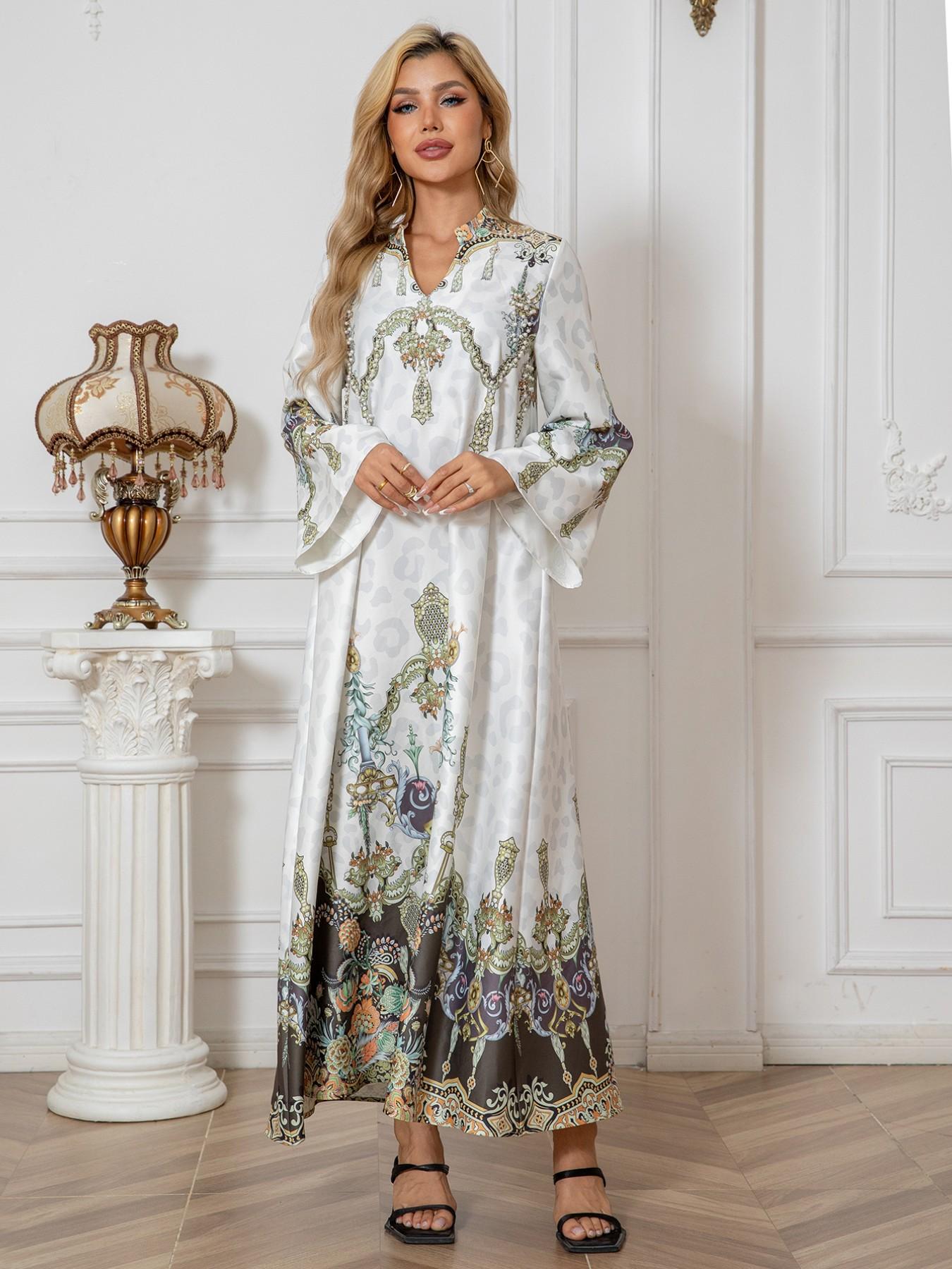 Cross-Border Muslim Robe Printed Beaded Long Dress, Abayas Rhinestone Elegant Style, Women's Fashionable Long Skirt Dress