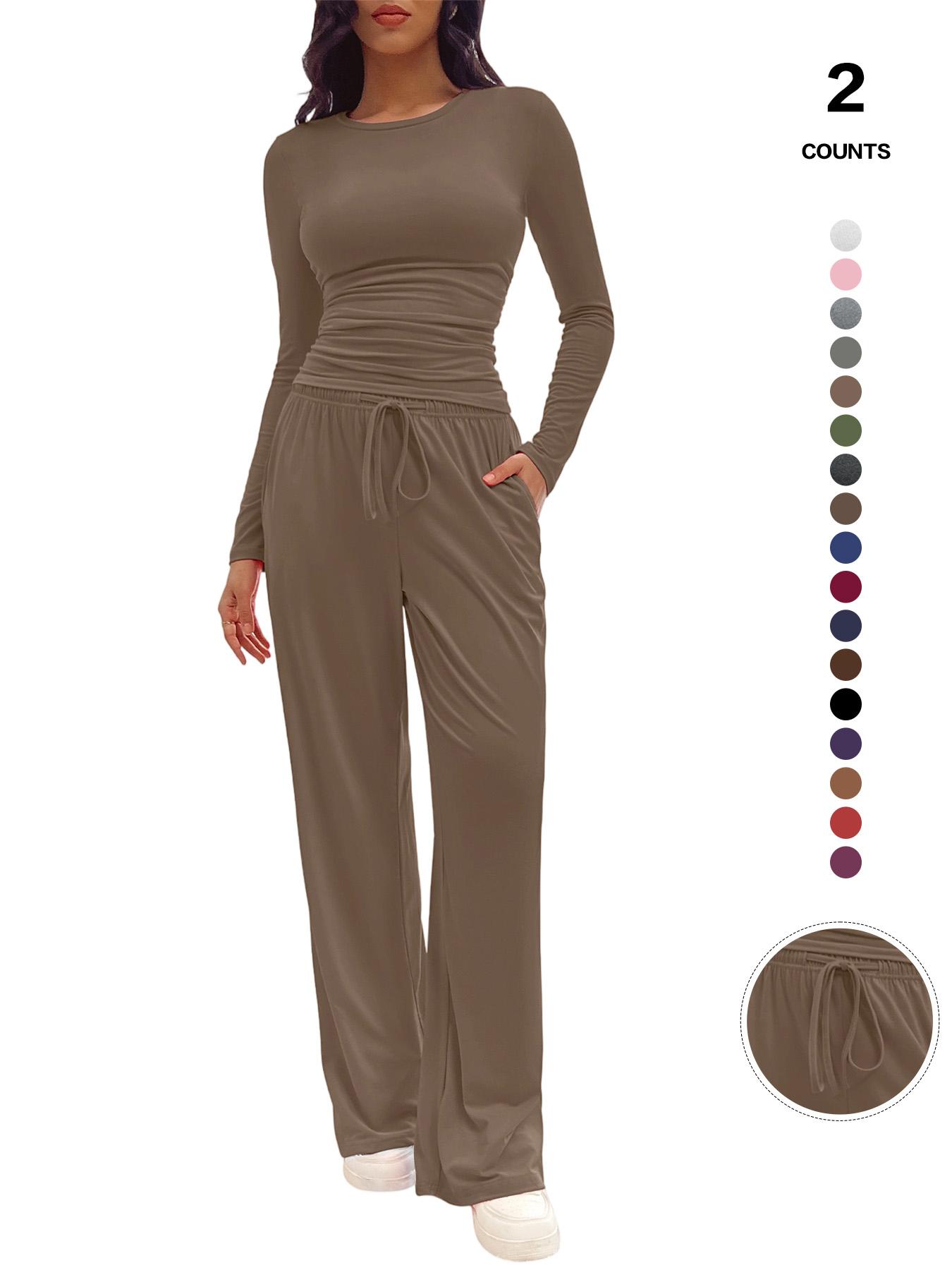 Women's Two-Piece Set, Ruched Tee & Drawstring Pocket Pants, Fitted Design, Organic Textile Material, Ideal for Daily Wear