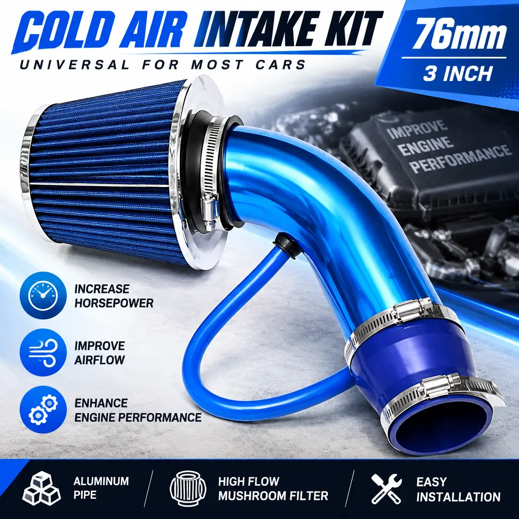 Universal 76mm (3 Inch) Cold Air Intake Kit, Aluminum Tube & Mushroom Air Filter, Auto Engine Performance Modification Parts,Pre-lit