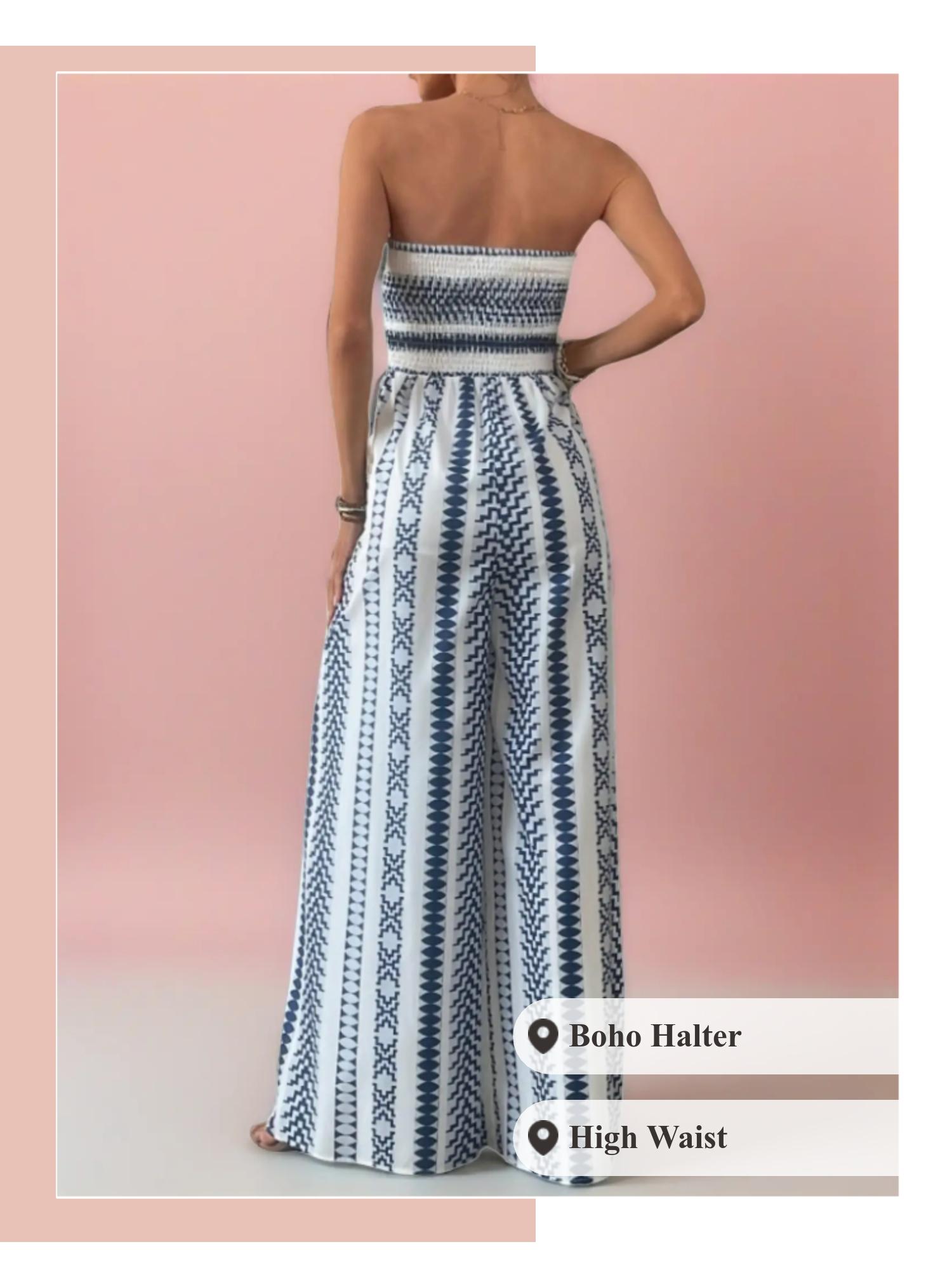 Spring Summer Boho Halter Romper, Beach Vacation Essential, High Waist Loose Fit, All over Print, Casual Style