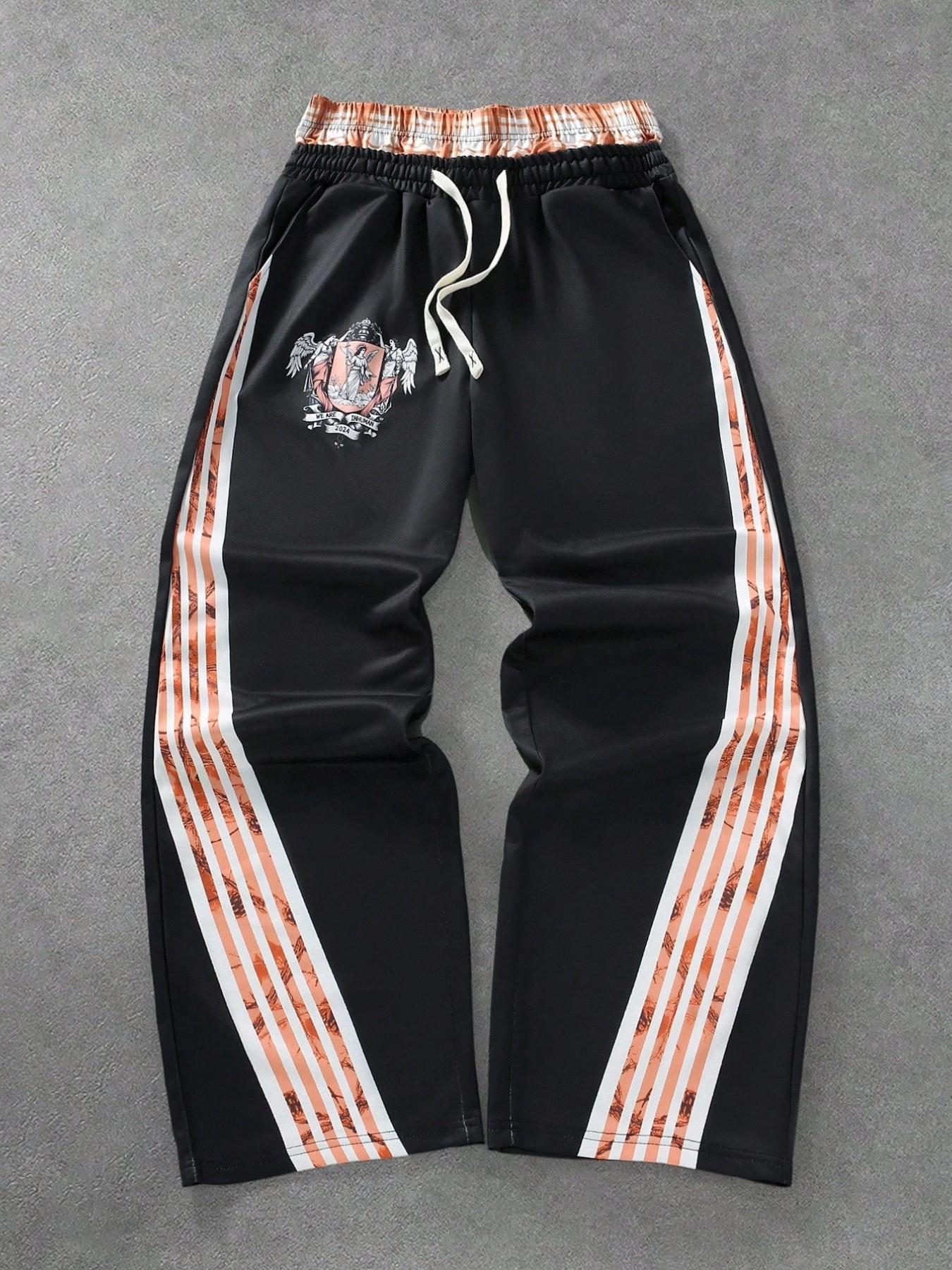 Men's Vintage Twin Eagle Badge Striped Sports Pants, Elastic Waist Drawstring Streetwear Wide Leg Pants, American Retro Casual Sweatpants