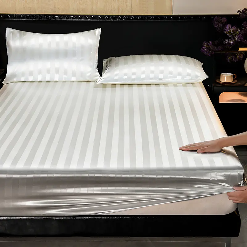 Luxury Striped Satin Fitted Sheet 3 Piece Set, Cooling Deep Pocket, Wrinkle & Fade Resistant, Hotel Style for Hot Sleepers